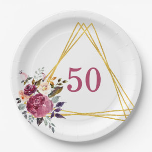 50th Boho Floral Geometric Paper Plate