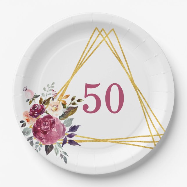 50th Boho Floral Geometric Paper Plate (Front)