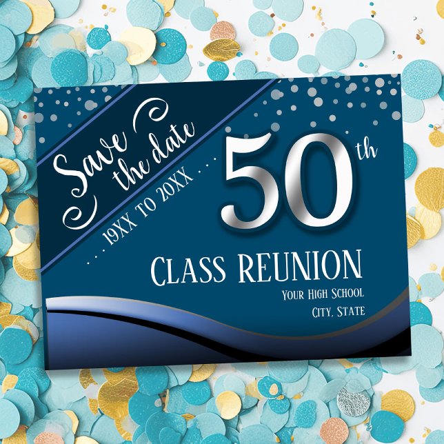 50th Class Reunion Elegant Blue Announcement Postc Postcard (Creator Uploaded)