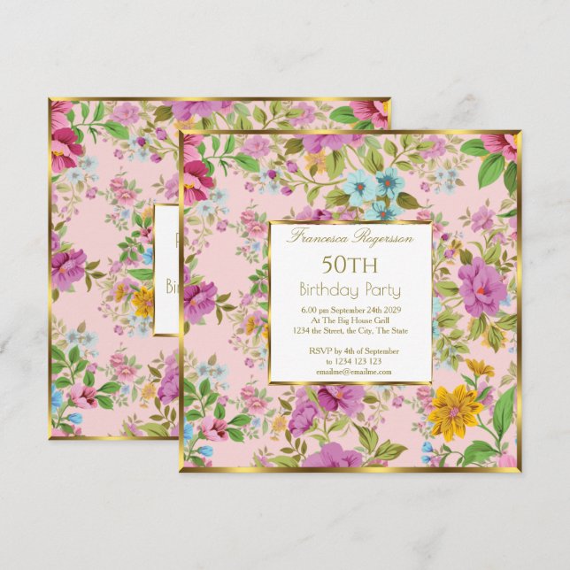 50th Colourful pink Floral Garden Birthday Party  Invitation (Front/Back)