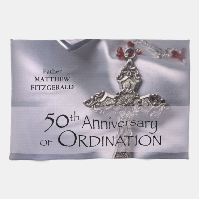 50th Custom Name Ordination Anniversary Chalice Tea Towel (Horizontal)