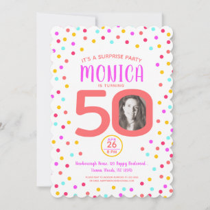 50th custom photo colourful coral confetti birthda invitation