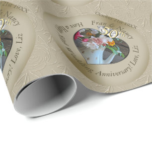 50th Diamond Taupe Heart Photo  Wrapping Paper