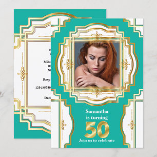 50th elegant gold teal white photo frame fifty invitation