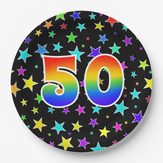 50th Event: Bold, Fun, Colourful Rainbow 50 Paper Plate (Front)