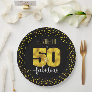 50th fabulous birthday black gold foil dots glam paper plate