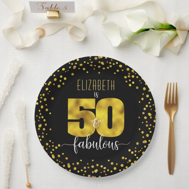 50th fabulous birthday black gold foil dots glam paper plate (Wedding)