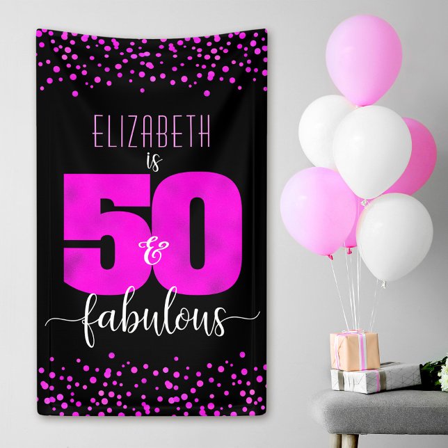 50th fabulous birthday hot pink foil dots on black banner (Creator Uploaded)