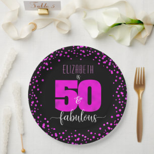 50th fabulous birthday hot pink foil dots on black paper plate