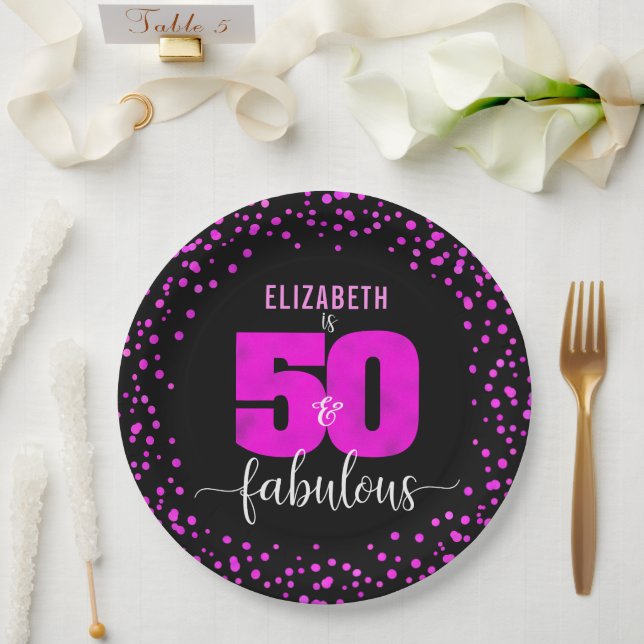 50th fabulous birthday hot pink glam dots black paper plate (Wedding)
