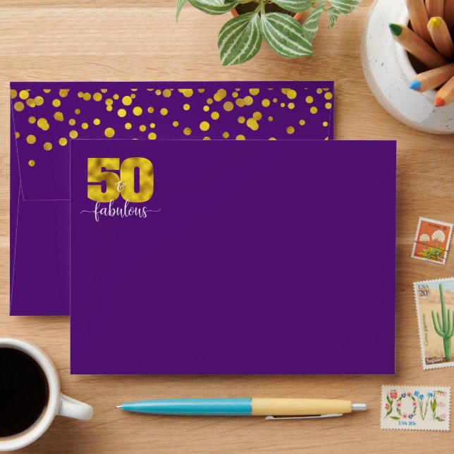 50th fabulous birthday purple gold foil dots glam envelope (Desk)