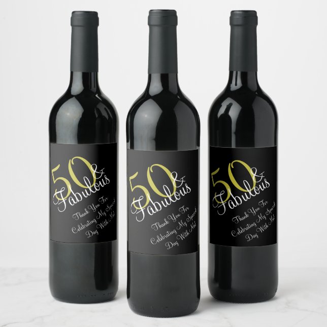 50th & Fabulous Gold & White Birthday Thank you Wine Label (Bottles)