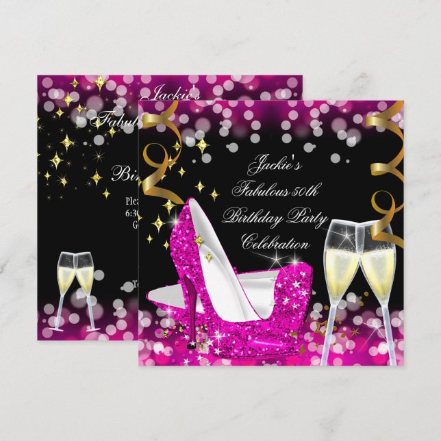 50th Fabulous Hot Pink Glitter High Heel Birthday Invitation (Front/Back)
