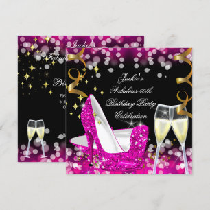 50th Fabulous Hot Pink Glitter High Heel Birthday Invitation
