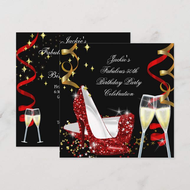 50th Fabulous Red Glitter High Heel Birthday Invitation (Front/Back)