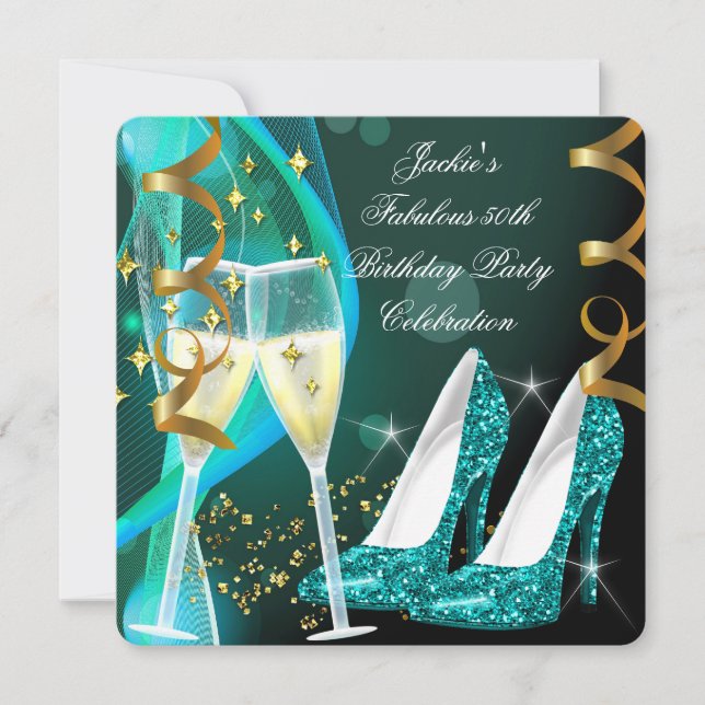 50th Fabulous Teal Glitter High Heels Birthday Invitation (Front)