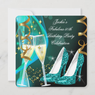 50th Fabulous Teal Glitter High Heels Birthday Invitation