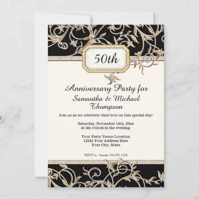 50th Fiftieth Art Nouveau Black n Gold Anniversary Invitation (Front)