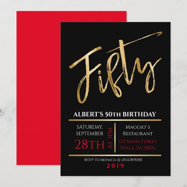 50th Fiftieth Birthday Gold Black Party Invitation (Front/Back)