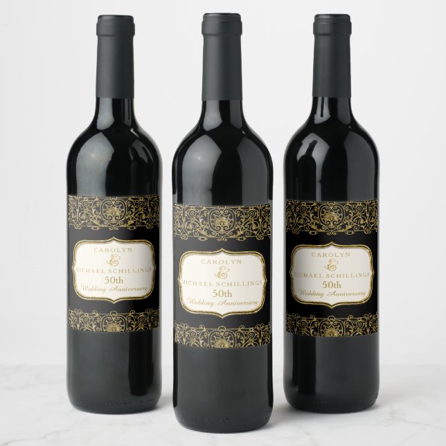 50th Fiftieth Golden Anniversary Black and Gold Wine Label (Bottles)