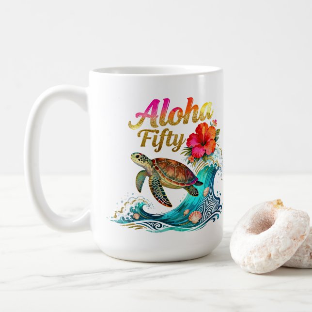 50th Fifty Birthday Tropical Ocean Beach Theme Coffee Mug (With Donut)
