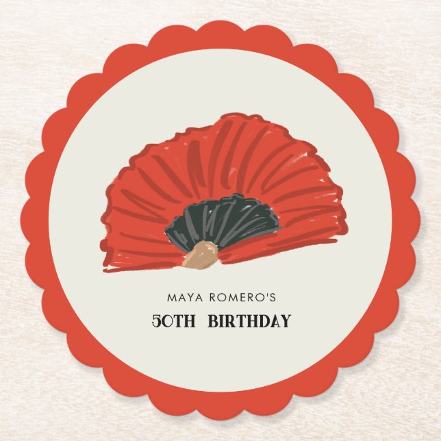 50th Flamenco Fan Birthday Party Paper Coaster (Front)