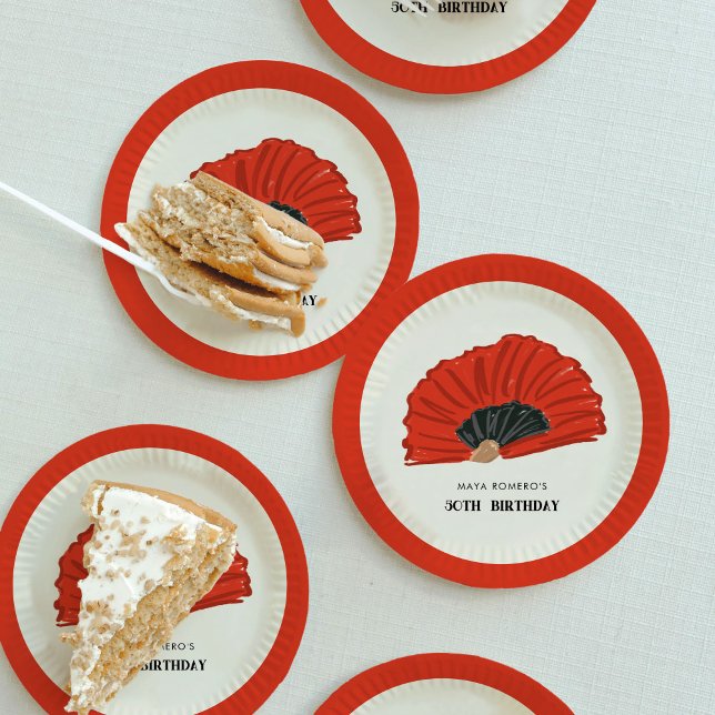 50th Flamenco Fan Birthday Party Paper Plate (Red and black flamenco fan 50th birthday party paper plates.)