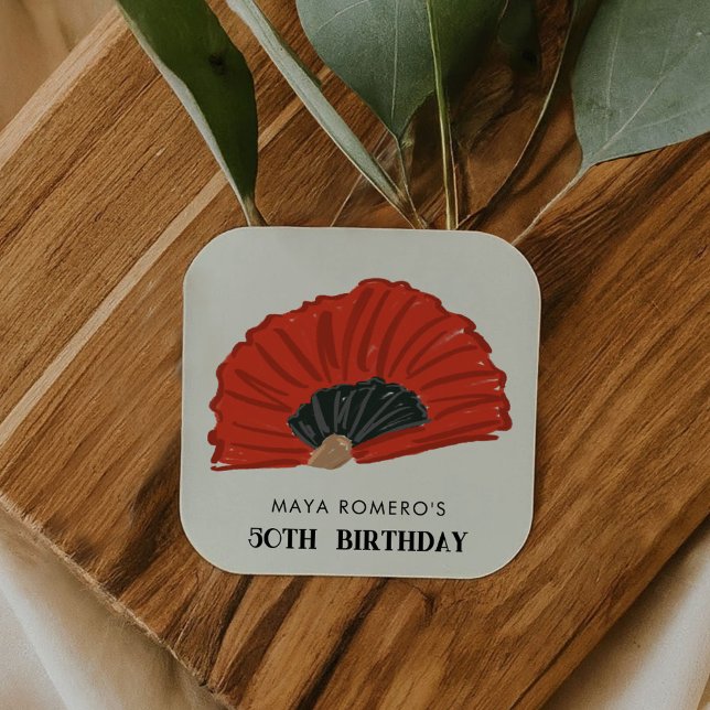50th Flamenco Fan Birthday Party Square Sticker (50th Flamenco Fan Birthday Party Square Sticker)