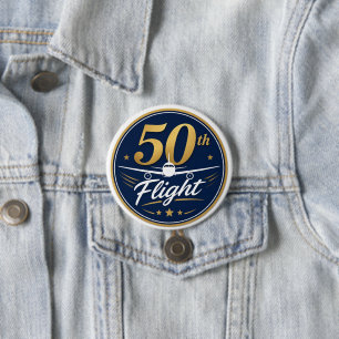 50th flight gold aeroplane travel souvenir 7.5 cm round badge