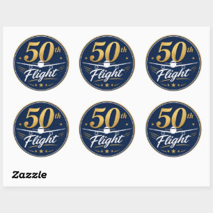 50th flight gold aeroplane travel souvenir classic round sticker