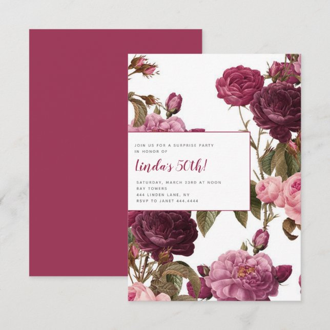 50th Floral Birthday Party Invitations (Front/Back)