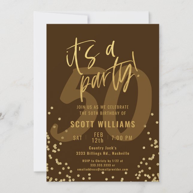 50th Fun Dark Tan and Gold Birthday Party Invitation (Front)