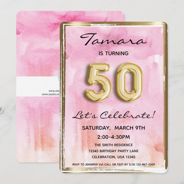 50th Girl Birthday Pink and Gold Invitation (Front/Back)