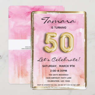 50th Girl Birthday Pink and Gold Invitation