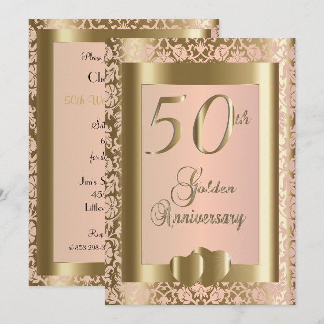 50th Gold and Rose Wedding Anniversary | DIY Text Invitation (Front/Back)