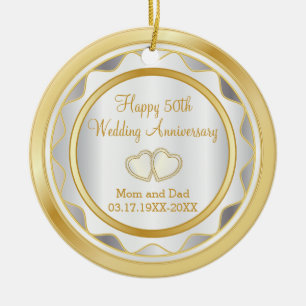 50th Gold and White Wedding Anniversary Ceramic Tree Decoration