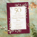 50th Gold Anniversary Burgundy Greenery Leaves Invitation<br><div class="desc">Featuring botanical watercolour greenery leaves on a burgundy background. This elegant anniversary invitation can be personalised with your special 50 years anniversary celebration information in stylish gold typography. Designed by Thisisnotme©</div>