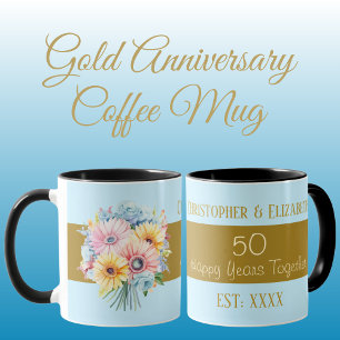 50th gold anniversary flowers names blue mug