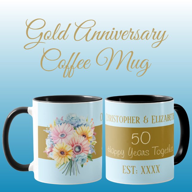 50th gold anniversary flowers names blue mug (Creator Uploaded)