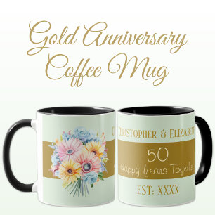 50th gold anniversary flowers names green mug