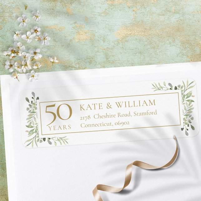 50th Gold Anniversary Greenery Watercolour Address (50th Gold Anniversary Greenery Watercolour Address Label)