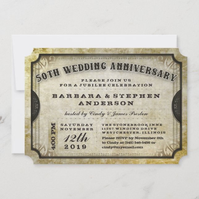 50th Gold Antique Ticket Anniversary Invitation (Front)