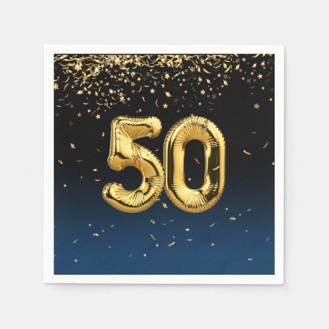 50th Gold Balloons and Confetti Napkins (Front)