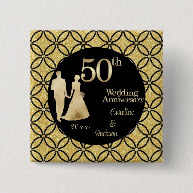 50th Gold Couple Wedding Anniversary Glitter 15 Cm Square Badge (Front)