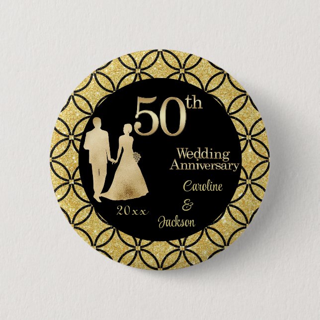 50th Gold Couple Wedding Anniversary Glitter 6 Cm Round Badge (Front)