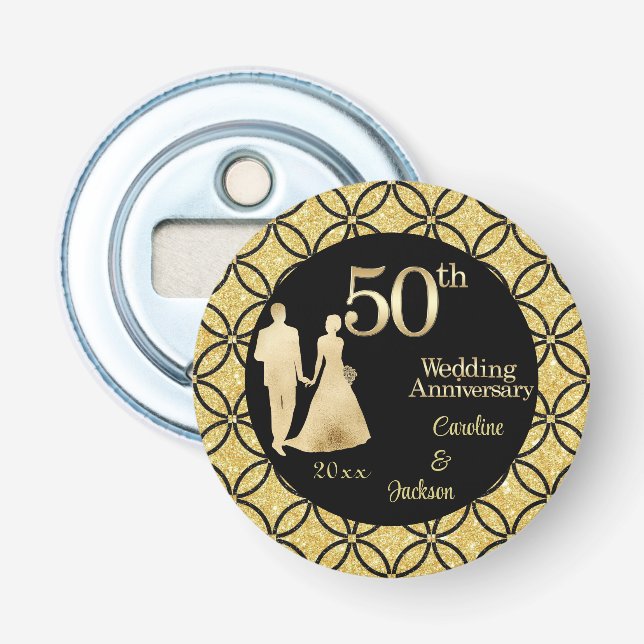 50th Gold Couple Wedding Anniversary Glitter Bottle Opener (Front)