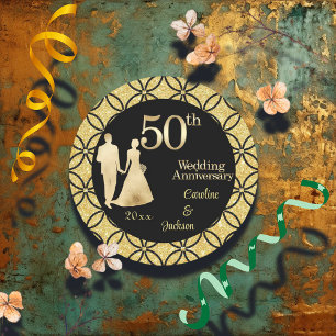 50th Gold Couple Wedding Anniversary Glitter Classic Round Sticker