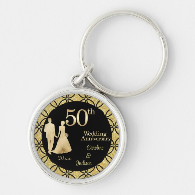 50th Gold Couple Wedding Anniversary Glitter Key Ring (Front)