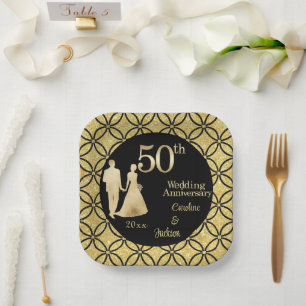 50th Gold Couple Wedding Anniversary Glitter Paper Plate