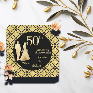 50th Gold Couple Wedding Anniversary Glitter Square Paper Coaster